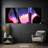 Dripster Spider-Verse wall art poster showing legs of Spider-Man characters against colorful city skyline in triptych